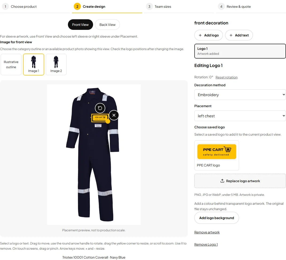 Design Studio with garment photographs, logo placement, front and back views and decoration controls