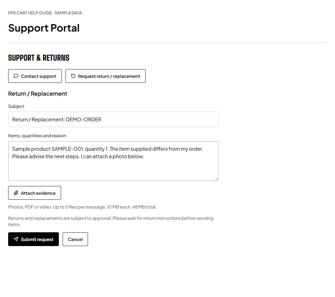 PPE CART return request form showing subject, items, quantities, reason, evidence and submit controls with sample details